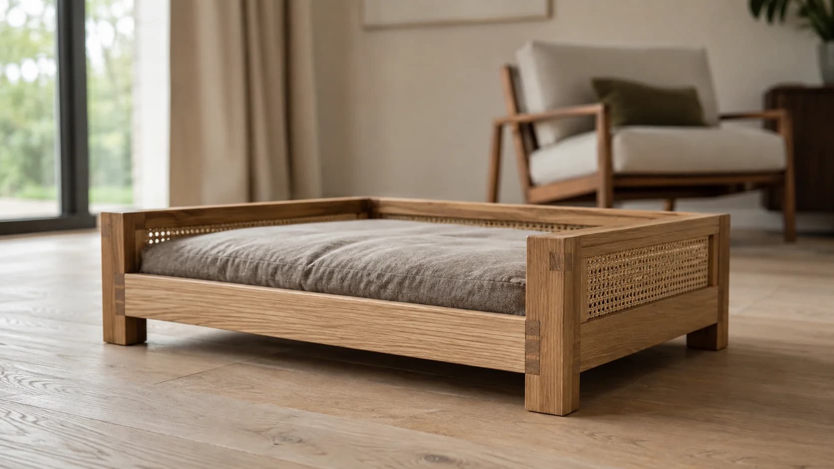 Cama para perro de roble macizo con paneles de caña trenzada y colchón de lino taupe, sobre piso de roble pálido en una sala con luz de ventana.
