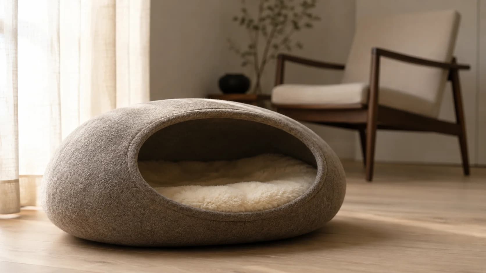 Cama cueva de fieltro de lana taupe con abertura ovalada y borrego crema dentro, sobre piso de roble pálido junto a una cortina de lino.