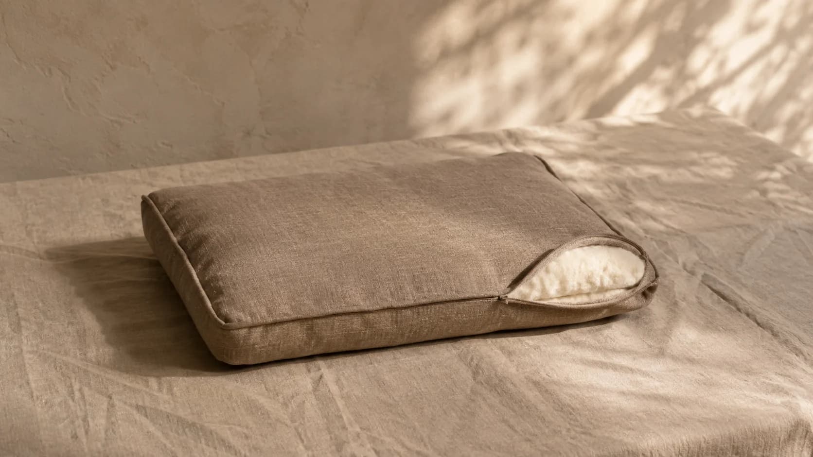Cama edredón de lino lavado taupe con cierre oculto, extendida con una esquina doblada.
