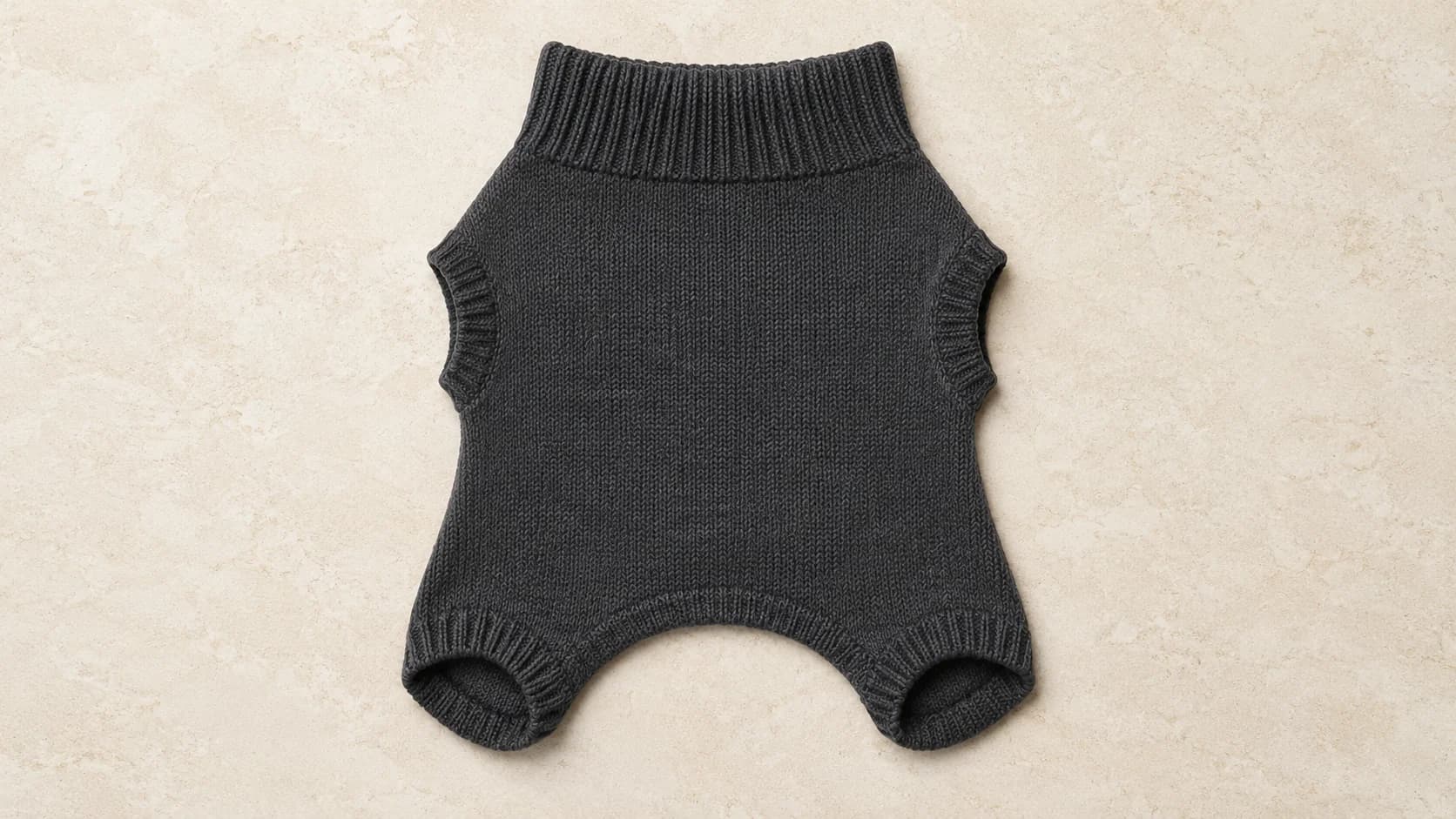 Primera capa de merino gris carbón para perro, extendida en plano sobre piedra caliza pálida, con sus cuatro aberturas de patas y el cuello acanalado.
