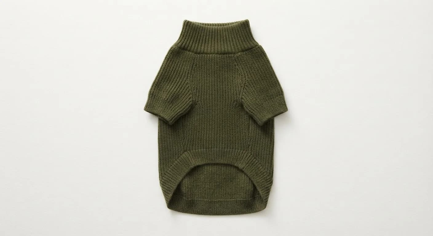 Suéter acanalado de merino verde oliva extendido sobre superficie blanca.