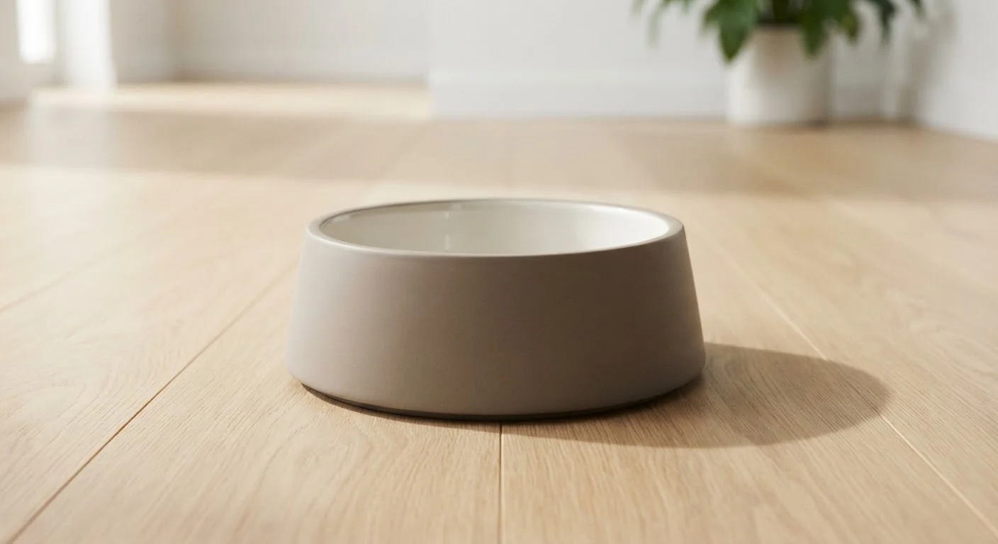 Bol de cerámica escultórico en taupe mate sobre piso de roble claro.