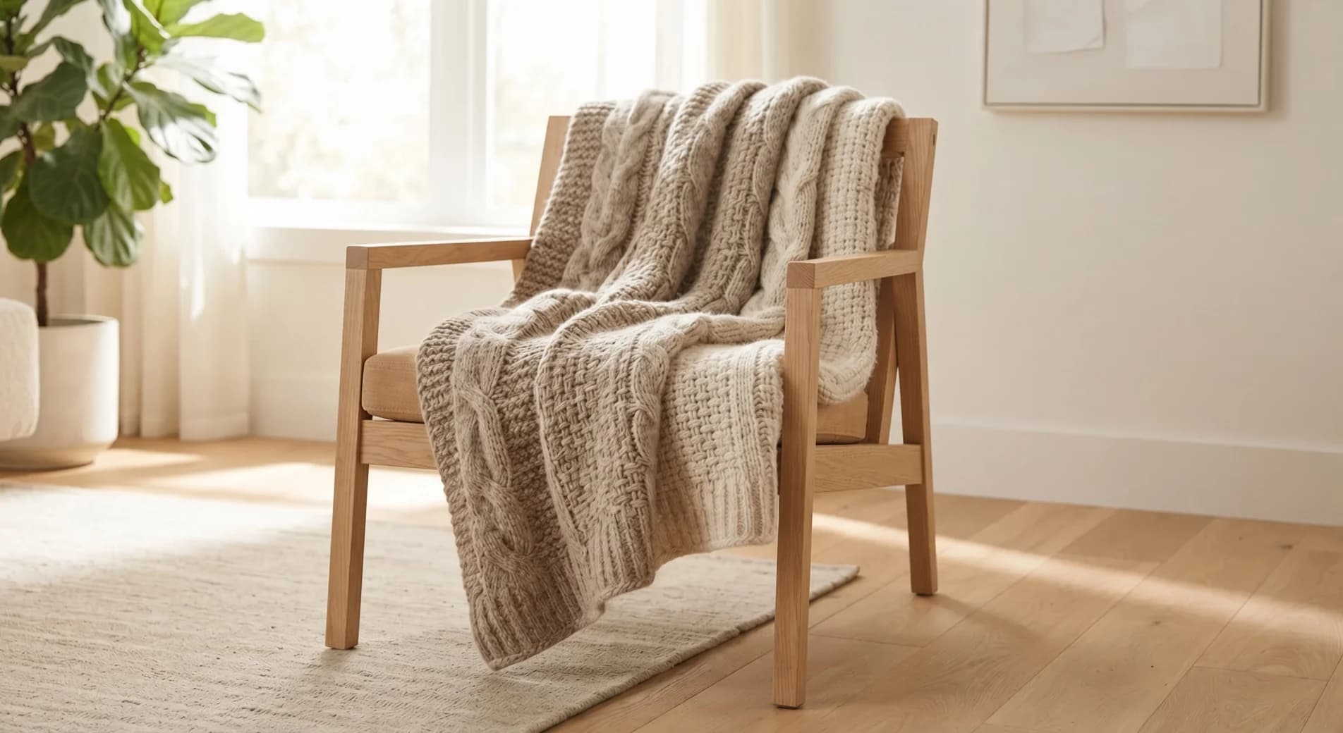 Manta tejida en taupe y crema sobre el respaldo de una silla de madera.