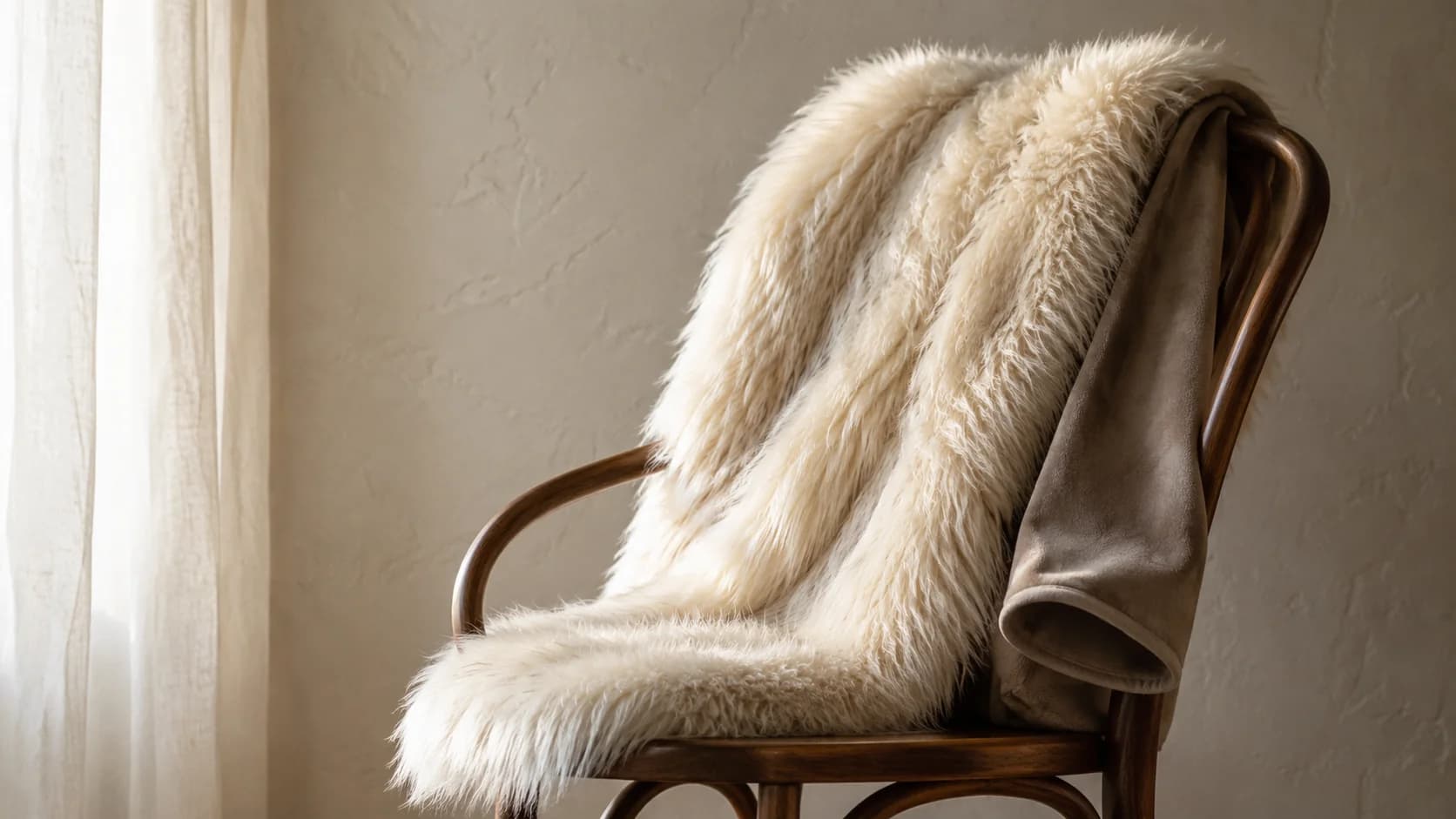 Manta de pelo largo sintético crema doblada sobre el respaldo de una silla de madera curvada, con la luz de invierno separando las hebras.