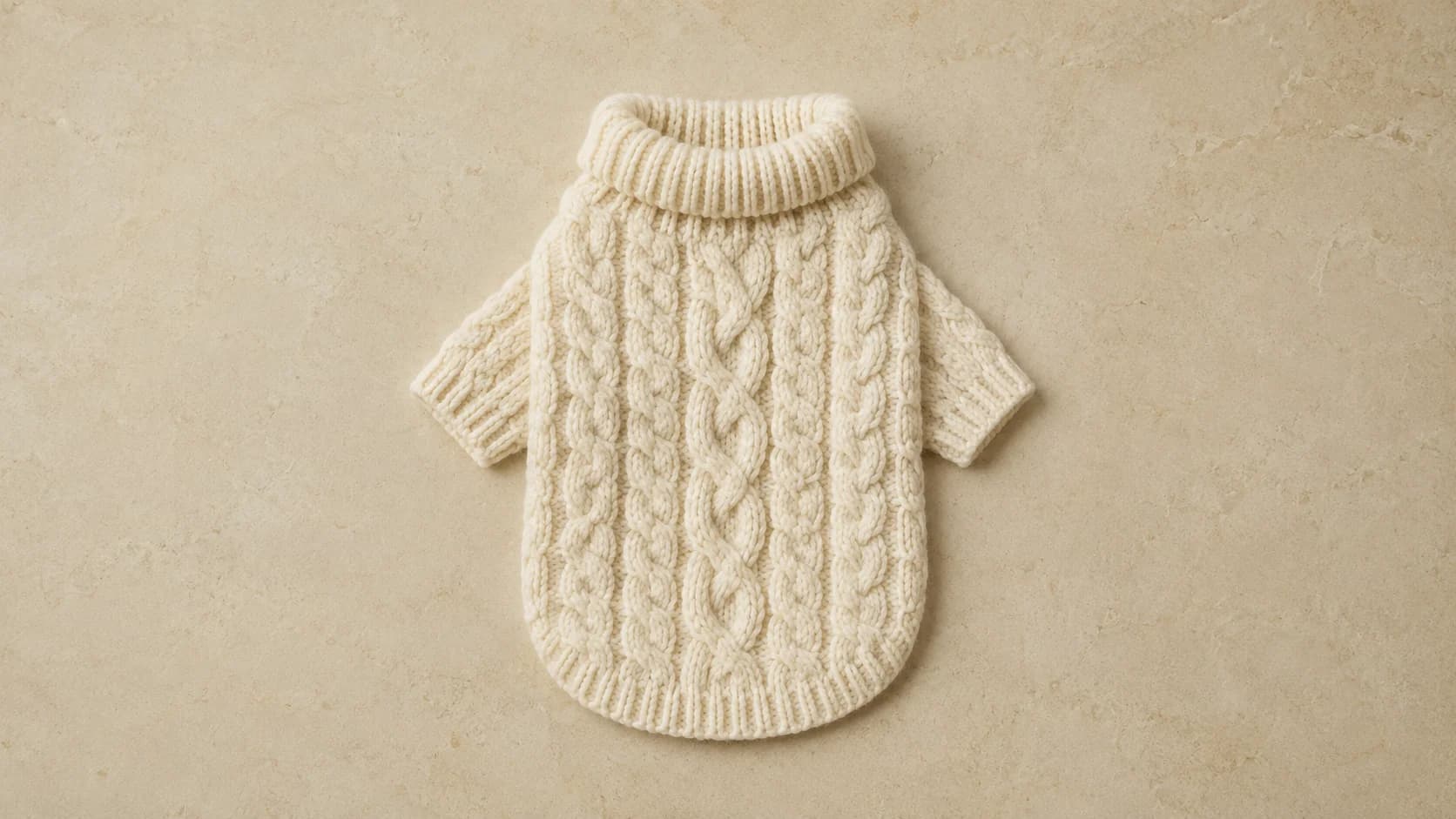 Suéter de punto trenzado aran crema extendido sobre piedra caliza clara, con cuello alto enrollado.