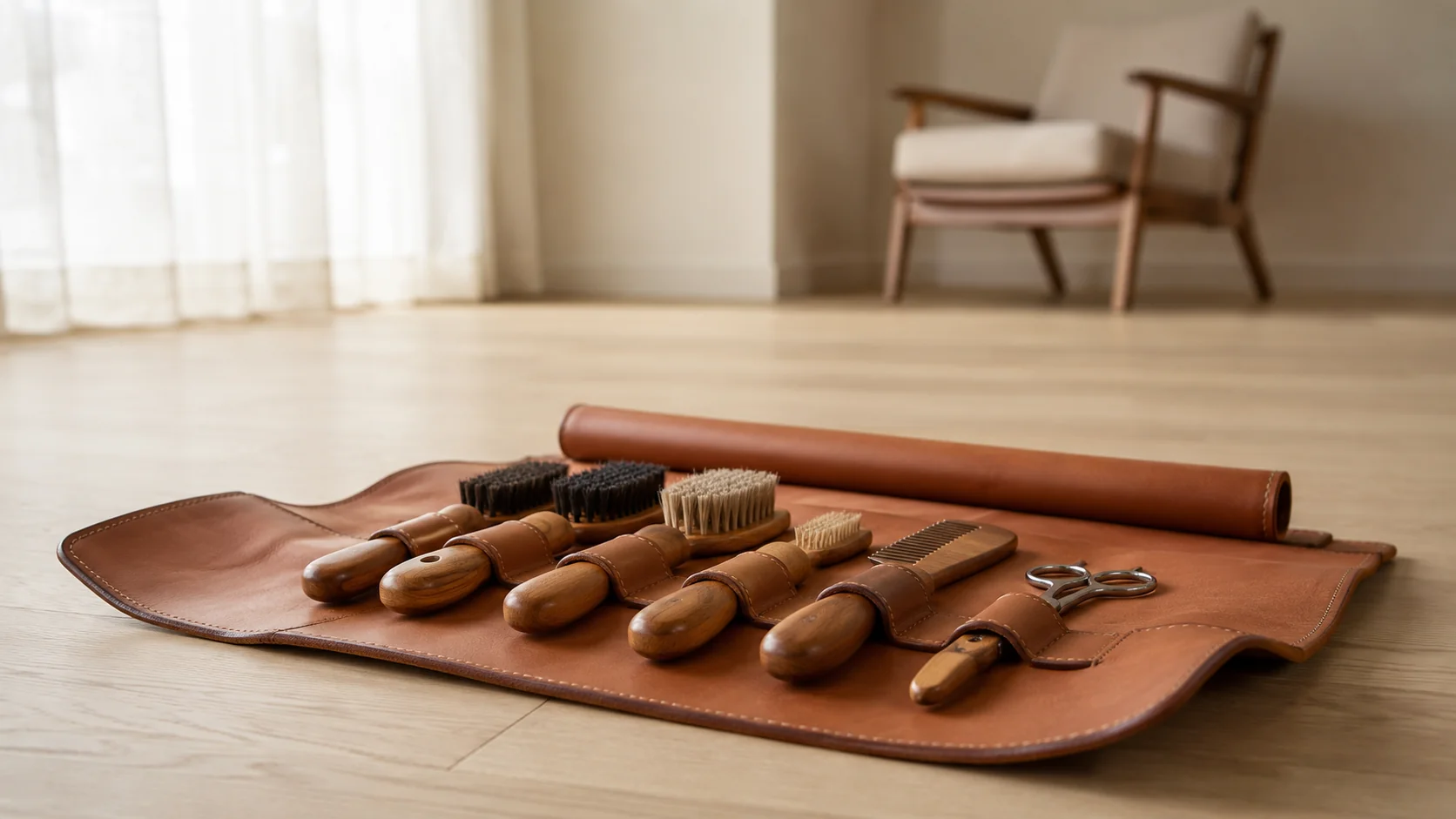 Estuche de aseo de cuero coñac desenrollado sobre piso de roble, con cepillos de mango de madera en sus presillas.