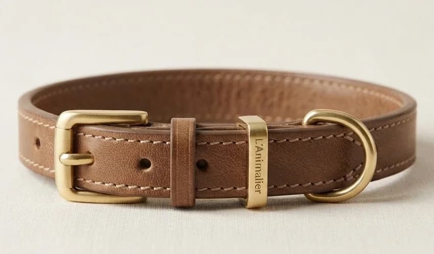 Collar de cuero hecho a mano en taupe cálido con herrajes de latón macizo.