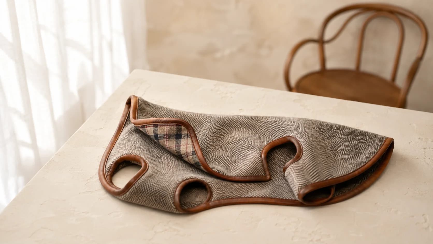 Abrigo de tweed espigado taupe para perro, extendido con una solapa vuelta que deja ver el forro de tartán y las cuatro aberturas de patas.