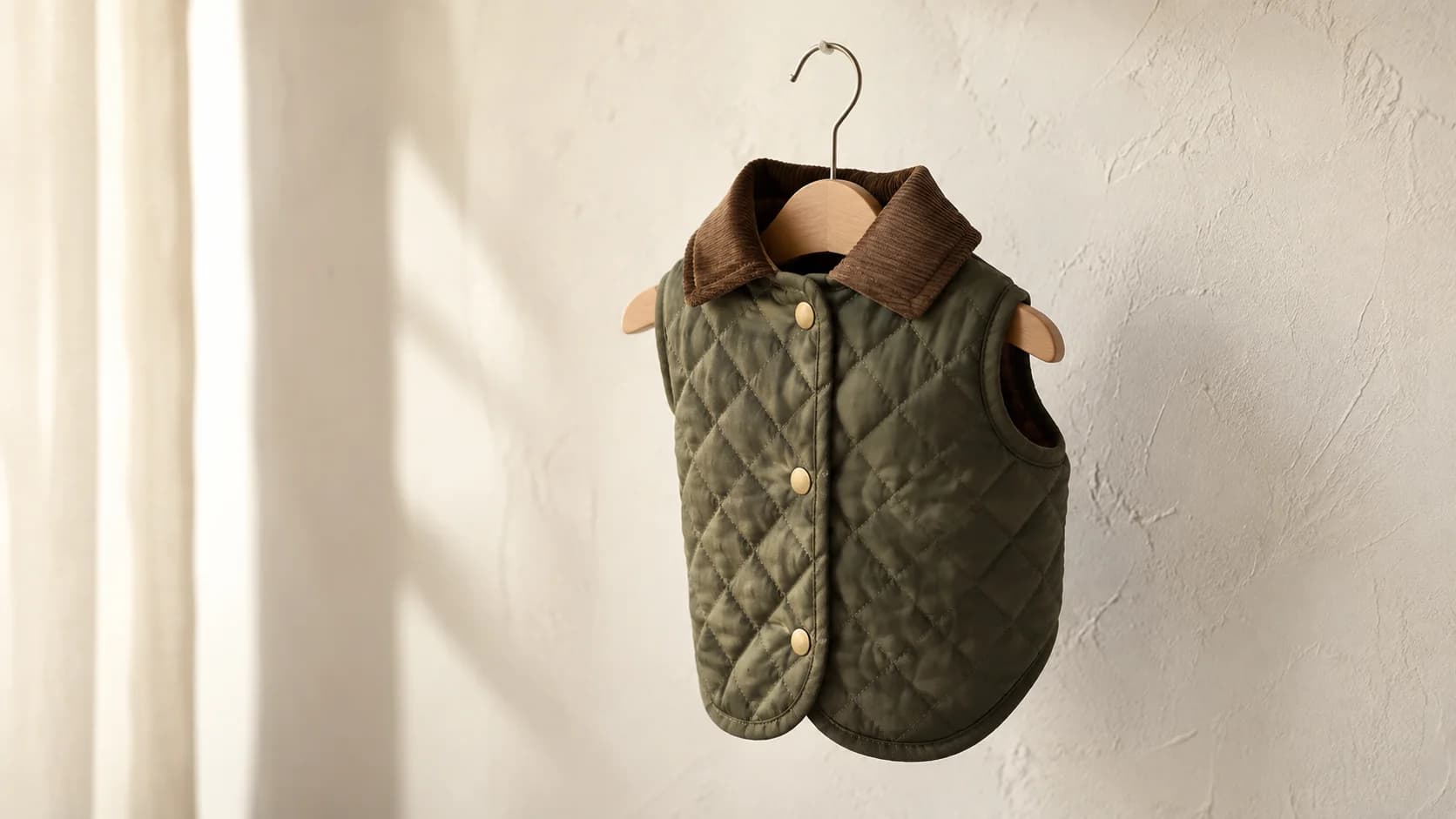 Abrigo acolchado en rombos oliva con cuello de pana en una percha de madera.