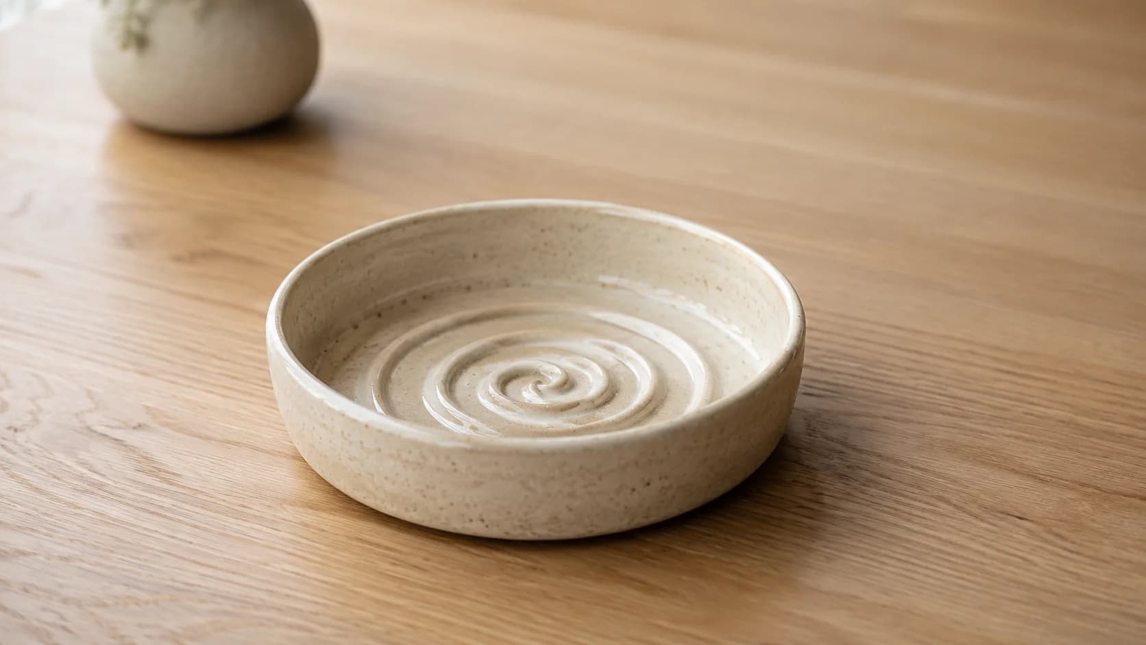 Bol de gres crema con relieve en espiral en el fondo, visto desde arriba sobre una mesada de roble blanco aceitado.