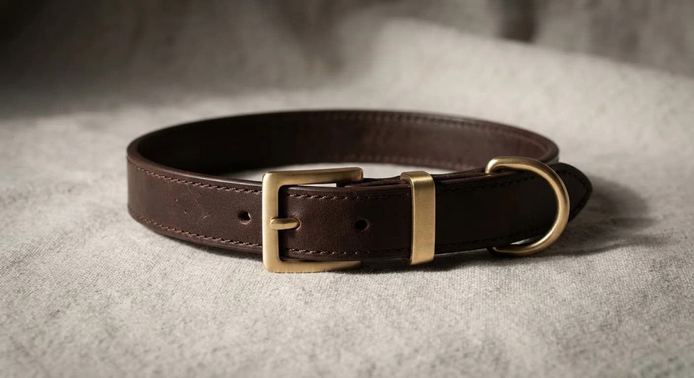 Collar de cuero espresso con herrajes de oro cepillado sobre lino neutro.