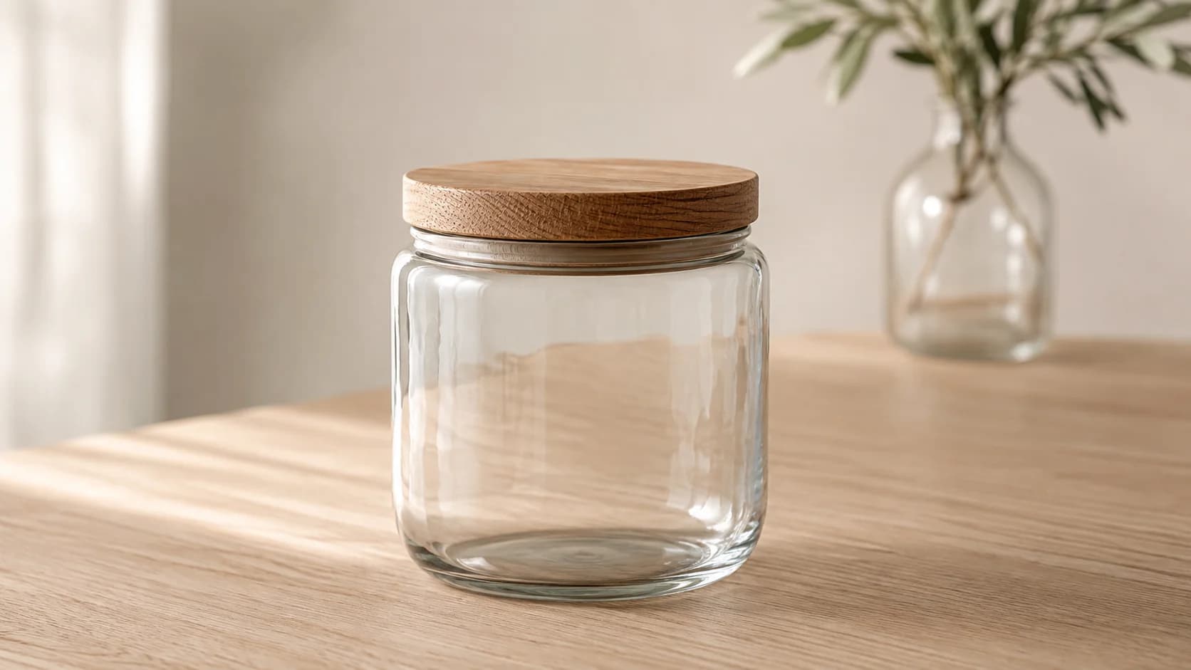 Frasco de premios de vidrio soplado transparente con tapa de roble torneada, sobre encimera de roble aceitado.